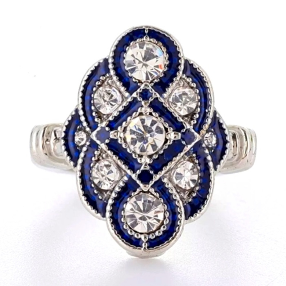 VTG Antique Art Deco Rhombus Diamond Silver Sapphire Blue Decor Ring Rhinestones